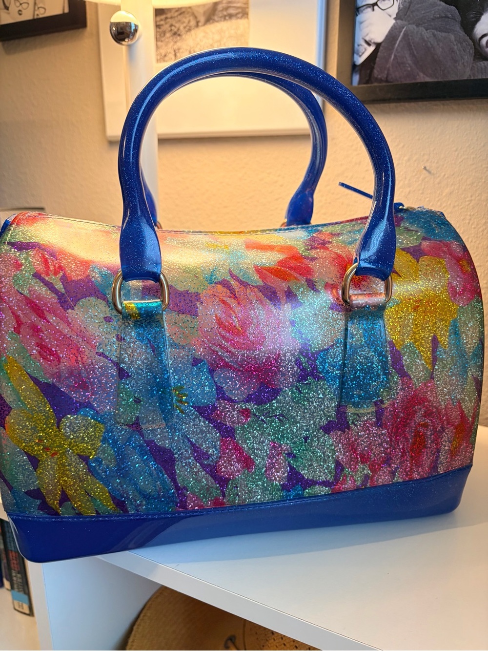 Glitter Floral Jelly Satchel Bag with Blue Handles